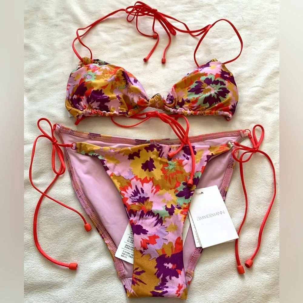 Zimmermann Floral Knotted Violet Triangle Bikini Set Size US 8-10 Boho Coquette